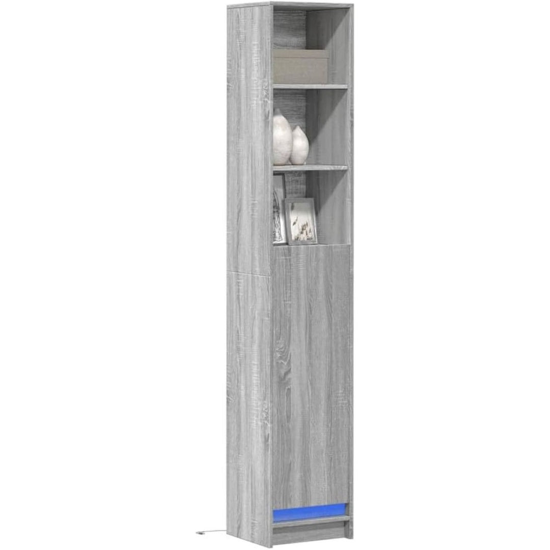 Eine Gestaltung in Eichenbraun und Grau kennzeichnet das Sideboard