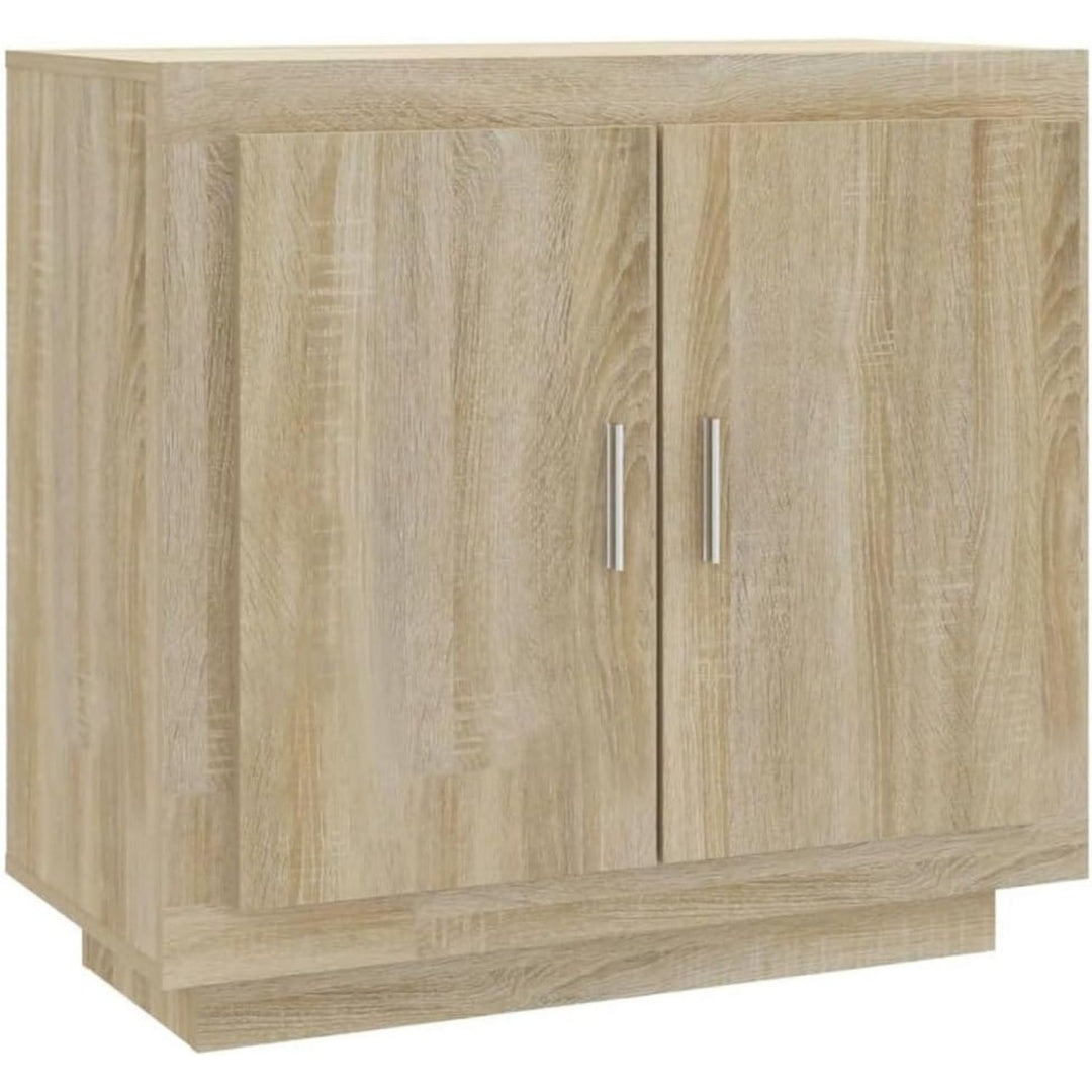 Das Sideboard misst 80 x 40 x 75 cm in Schwarz und Eichenbraun