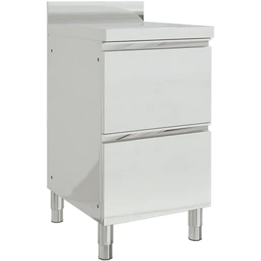 Das Sideboard zeigt 2 Schubladen in Silber
