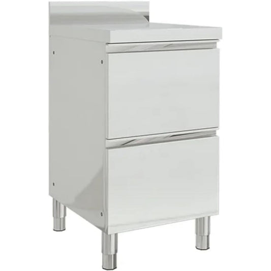 Das Sideboard zeigt 2 Schubladen in Silber