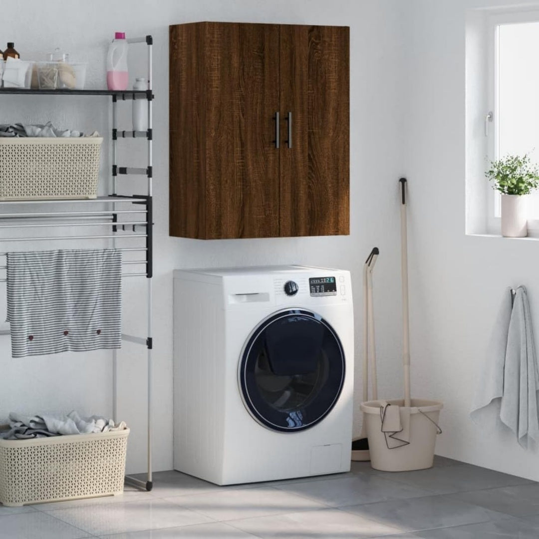 Der Wandschrank misst 69.5 x 34 x 90 cm in Eichenbraun aus Holzwerkstoff