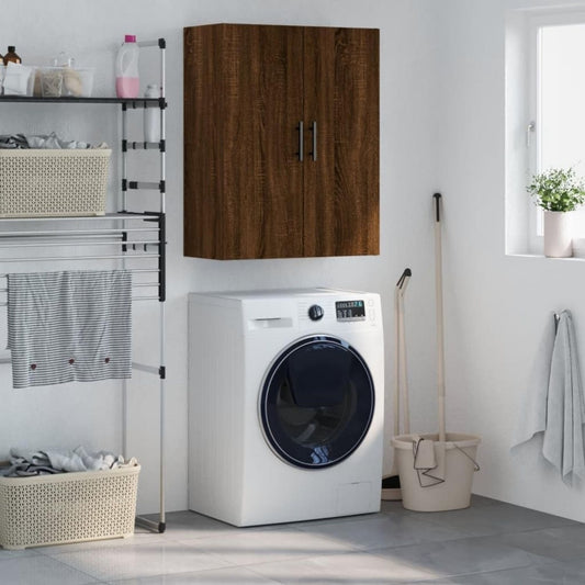 Der Wandschrank misst 69.5 x 34 x 90 cm in Eichenbraun aus Holzwerkstoff